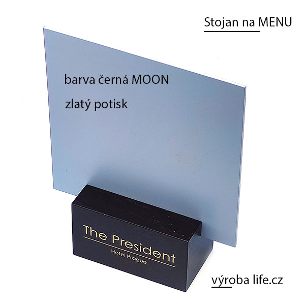 Stojánek ze dřeva na menu - černá MOON, potisk zlatý