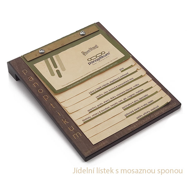 Jídelní lístek s mosaznou sponou.